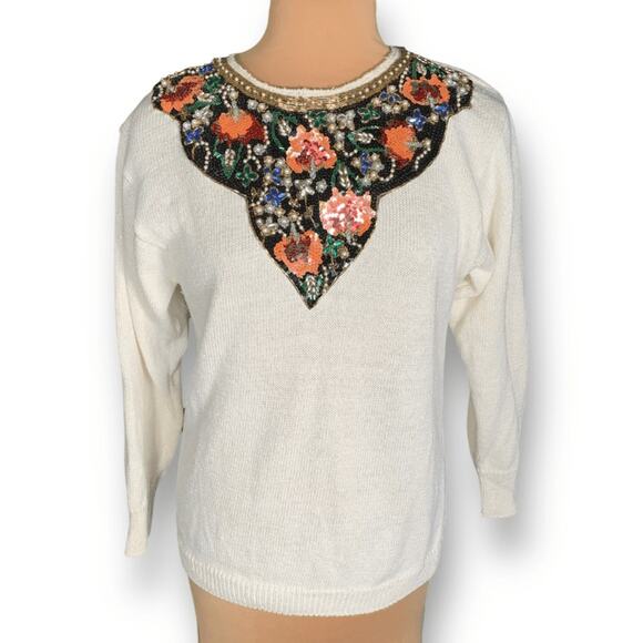 Vintage 80s Cream Sweater Beaded Sequin Burgundy Dark Floral Statement Knit - Picture 12 of 12